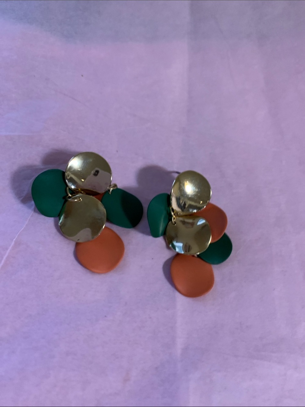 Gold Disc Drop Earrings with Green and Orange Accents